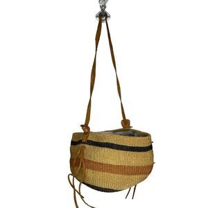 Vintage Handmade‎ Sisal Woven Leather Strap Market Tote Round Bag Tan Black